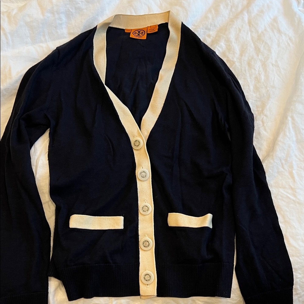 Vintage Tory Burch Women's Navy and Cream Cardigan Sweater